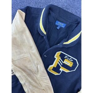 Polo Ralph Lauren Varsity Jacket Leather Sleeves Navy Wool XL